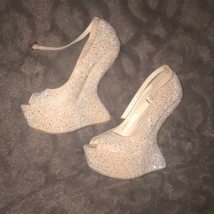 Nude Crystal Peep-Toe Heels